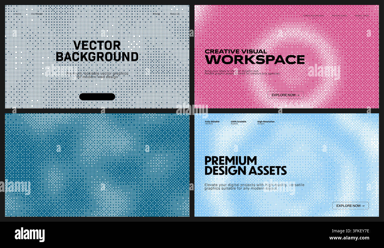 Pixel dithering pattern backgrounds. This dynamic pixel background set showcases various smooth gradient compositions, ideal for modern digital design Stock Vector