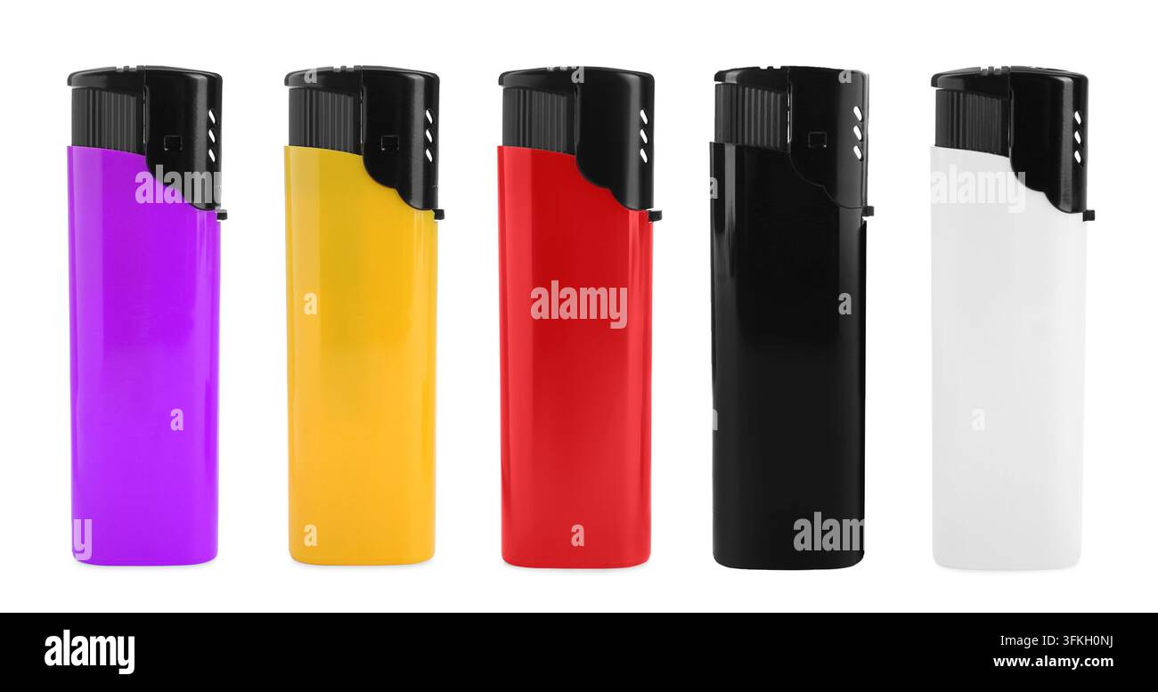 Lighters in various colors isolated on white, set Stock Photo