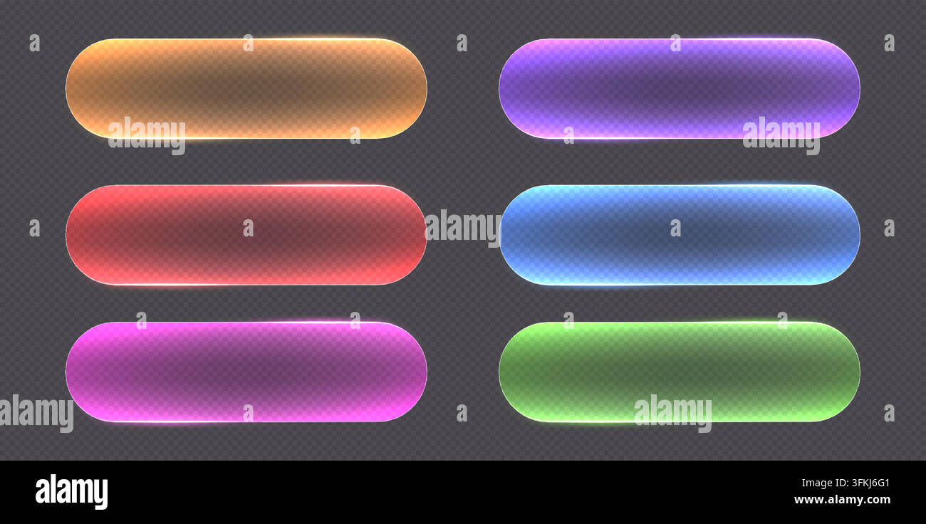 Transparent glass buttons with glowing neon edges. Futuristic rounded action buttons. Stock Vector