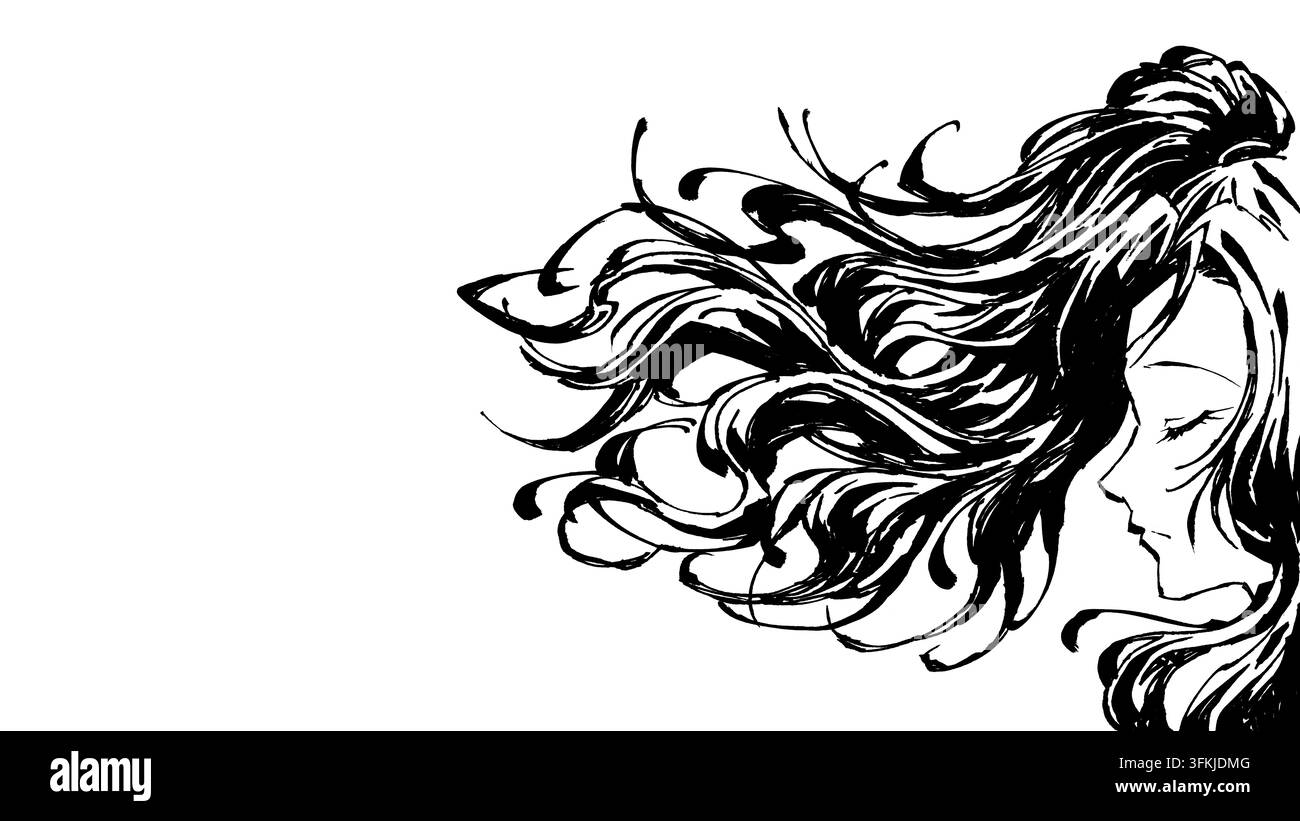 Hand drawn ink brush line art of a beautiful woman profile with flowing ...