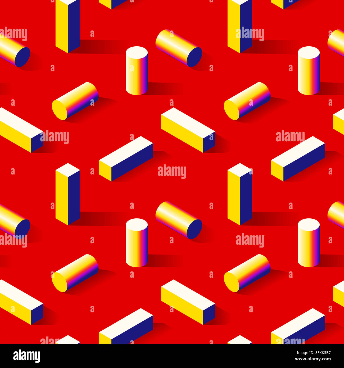 Colorful isometric cylinders and cuboid blocks form a geometric pattern on red Stock Vector