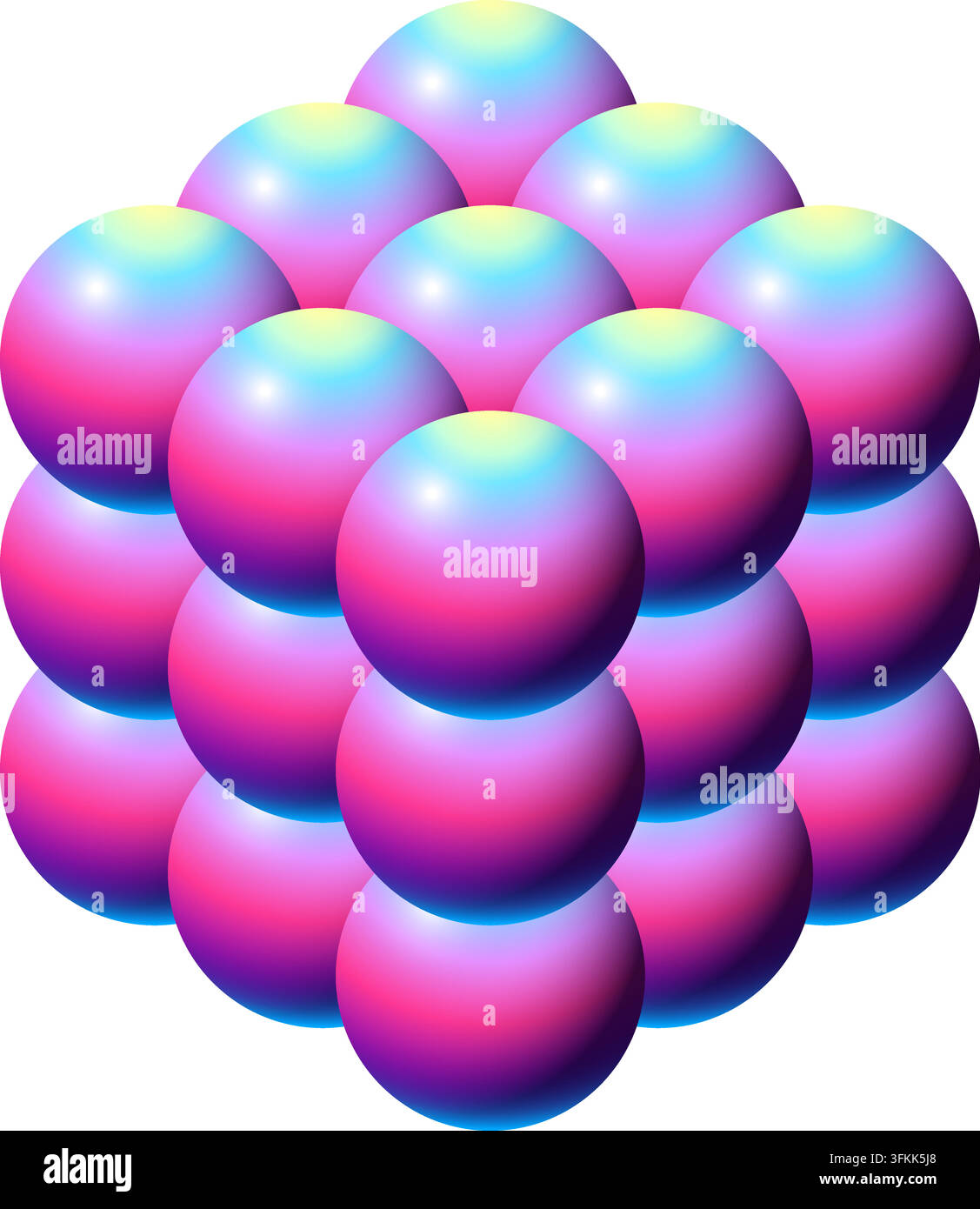 Glossy rainbow gradient spheres form a three dimensional cube cluster on white Stock Vector