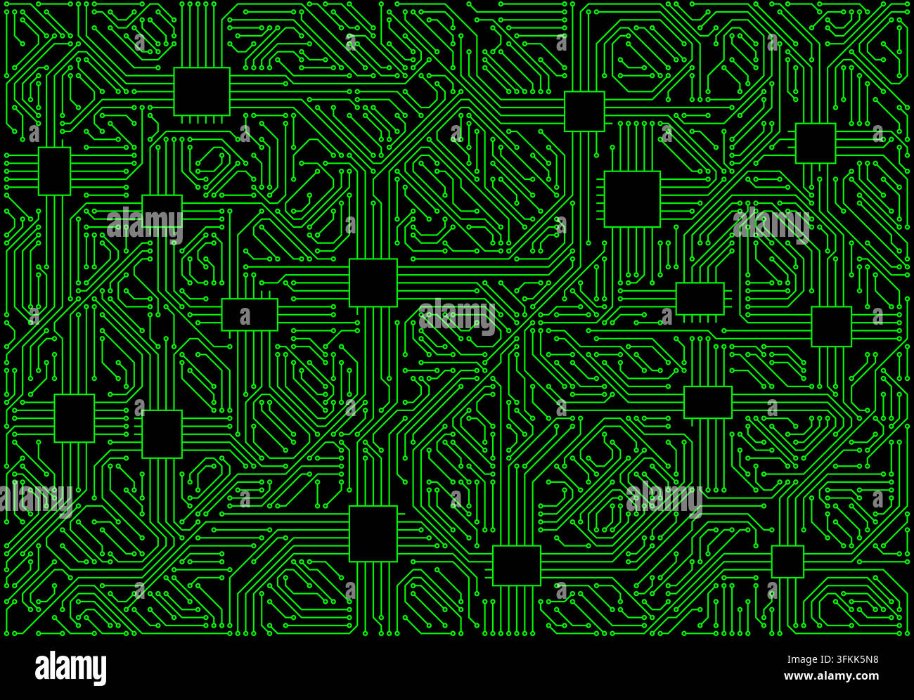 Dense neon green motherboard circuit pattern with square microchip nodes on black background Stock Vector