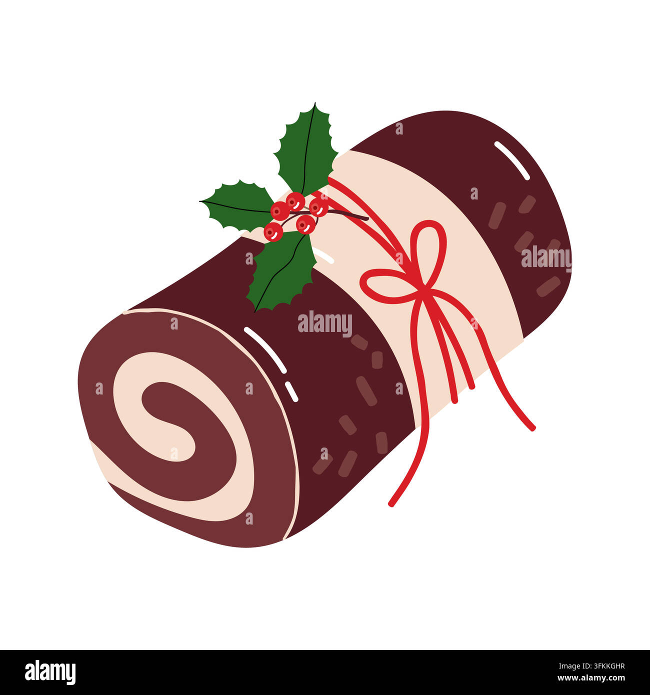 Christmas chocolate yule log roll cake vector illustration flat Stock Vector