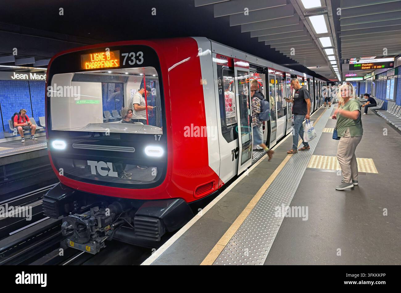 TCL Line B metro train at Jean Macé station in Lyon, travelling towards Charpennes Charles Hernu. Stock Photo
