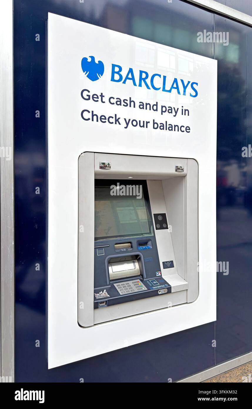 Barclays cashpoint in Liverpool advertising cash withdrawal, deposits and balance checking. Stock Photo
