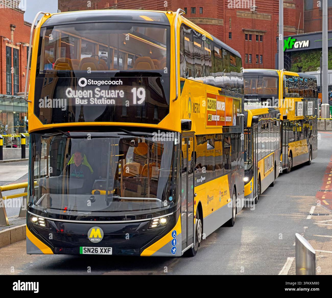 Liverpool City Region Metro double-decker bus on route 19 to Kirkby at Queen Square bus station, during the region-wide franchising rollout. Stock Photo