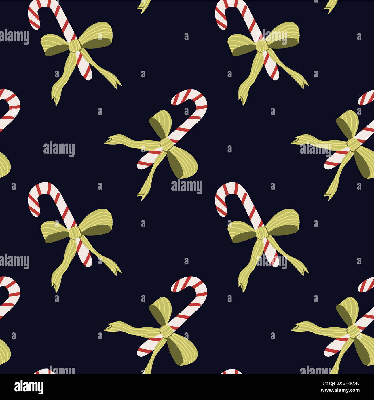 Whimsical candy cane pattern with bows and lollipop. Cartoon flat vector illustration on black background. Christmas seamless pattern Stock Vector