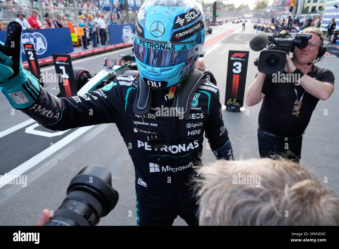 George Russell wins Baku Grand Prix ahead of Verstappen and Hadjar George Russell wins Baku Grand Prix ahead of Verstappen and Hadjar