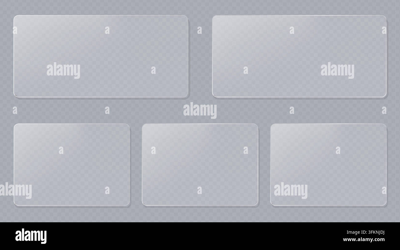 Five blank rectangular frosted glass cards with rounded corners, realistic UI design elements on a transparent background. Stock Vector