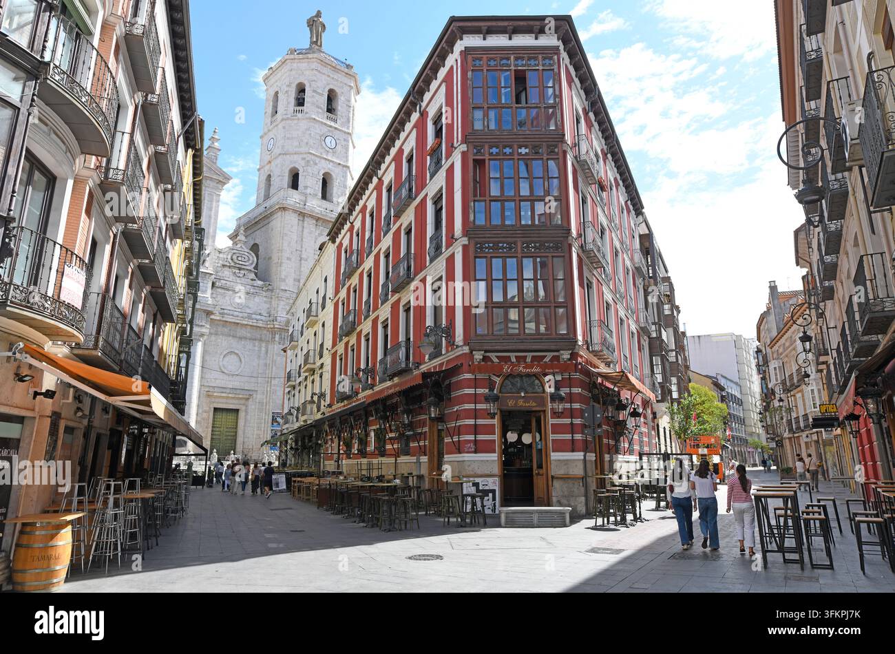Valladolid city, streets and bell tower of the cathedral. Castilla y León, Spain. Stock Photo