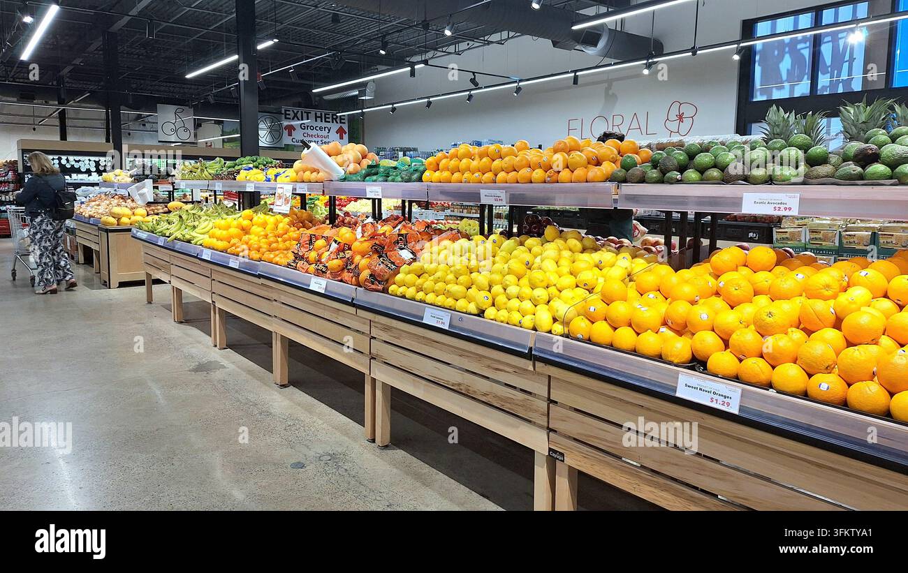 Toronto, ON, Canada - September 25, 2026: A wide selection of fresh fruits displayed on shelves inside a grocery store. Stock Photo