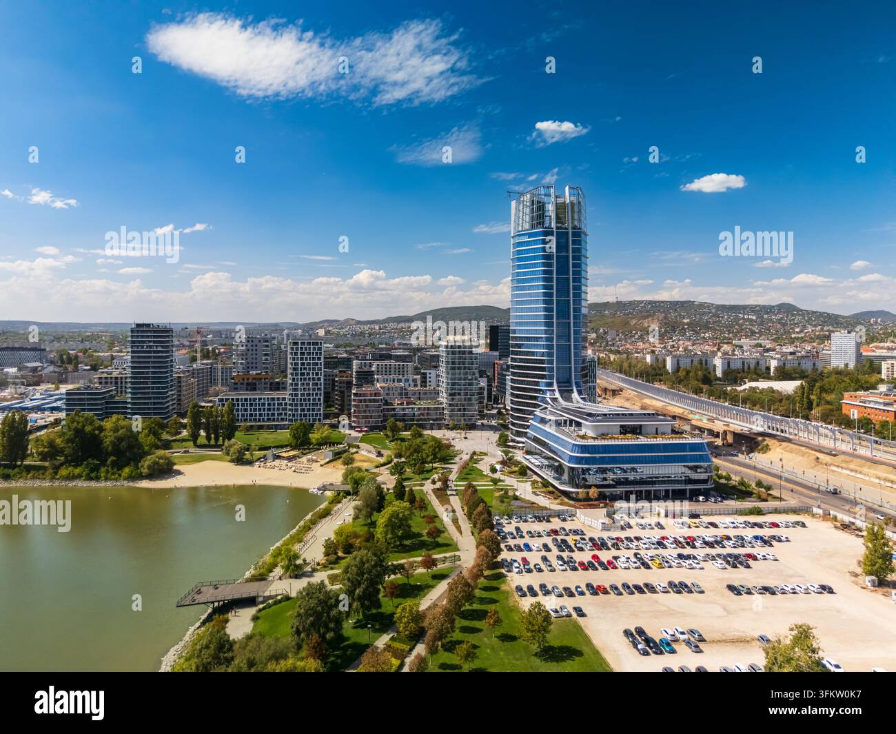 Aerial view of Mol Campus in Budapest, Hungary, above the Danube ...