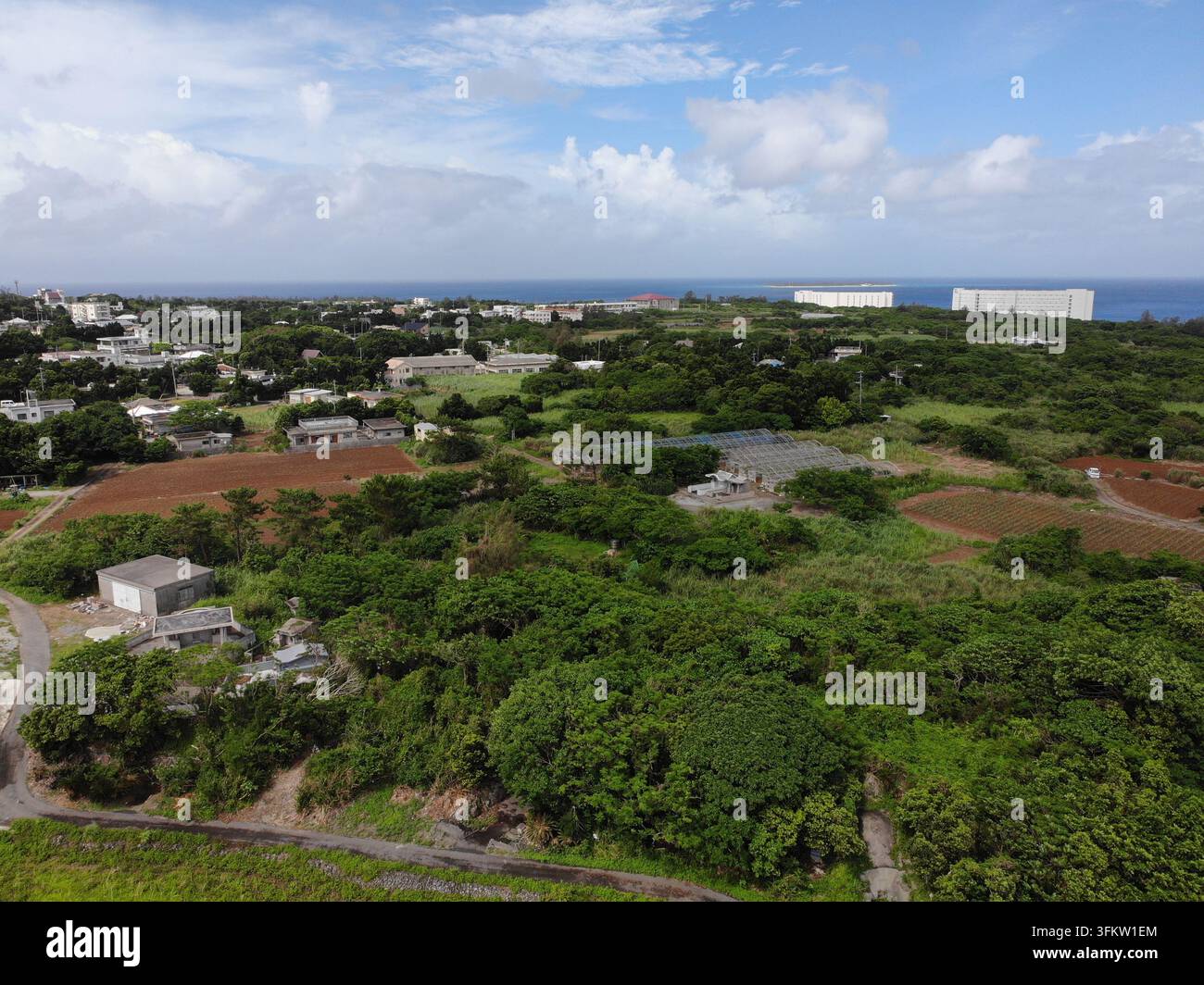 Aerial view of the lush landscape of Sesoko Island, featuring dense ...