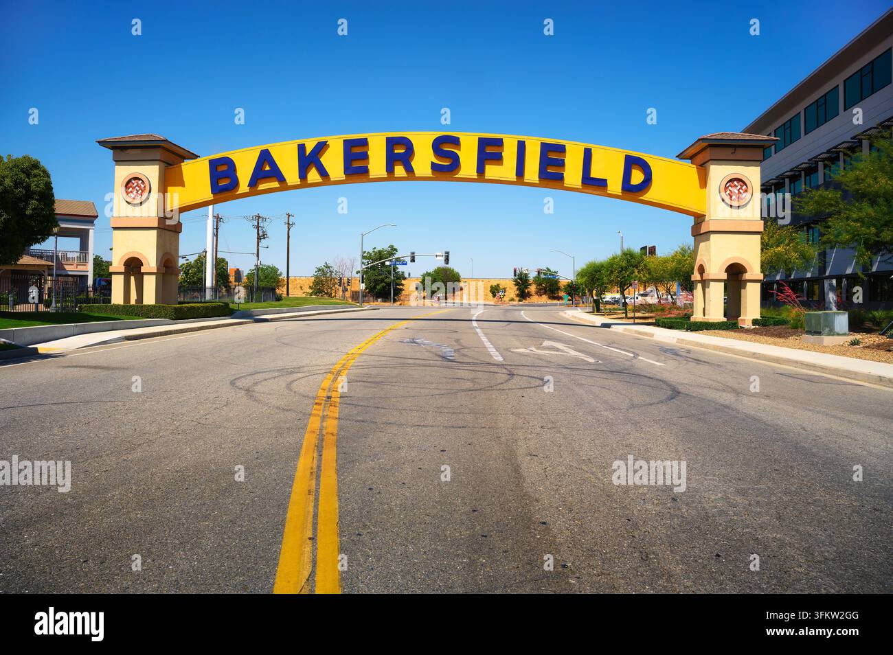 Bakersfield welcome sign, a wide arched street sign. Also known as the ...