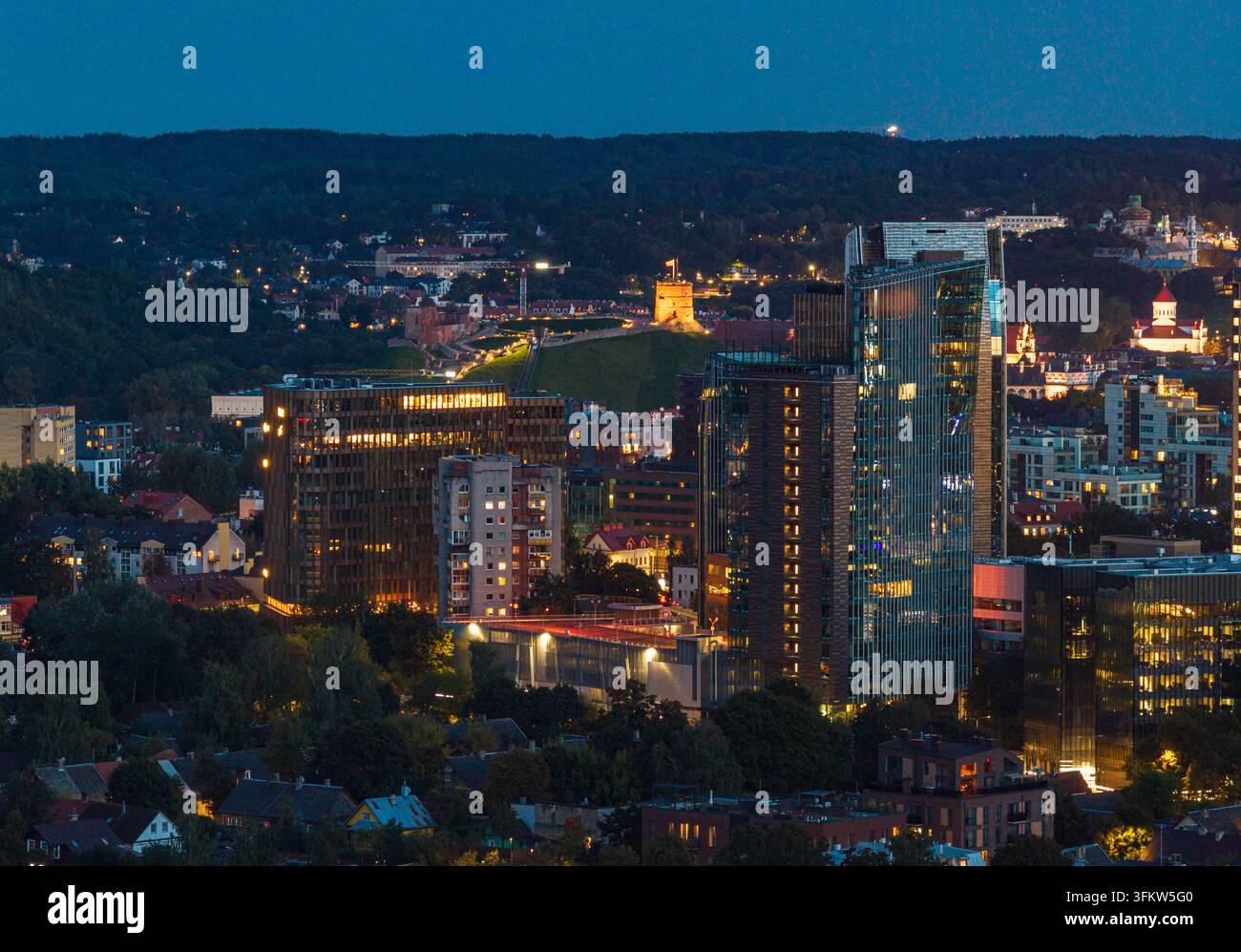 Aerial view of the illuminated Gediminas Tower and modern skyscrapers ...