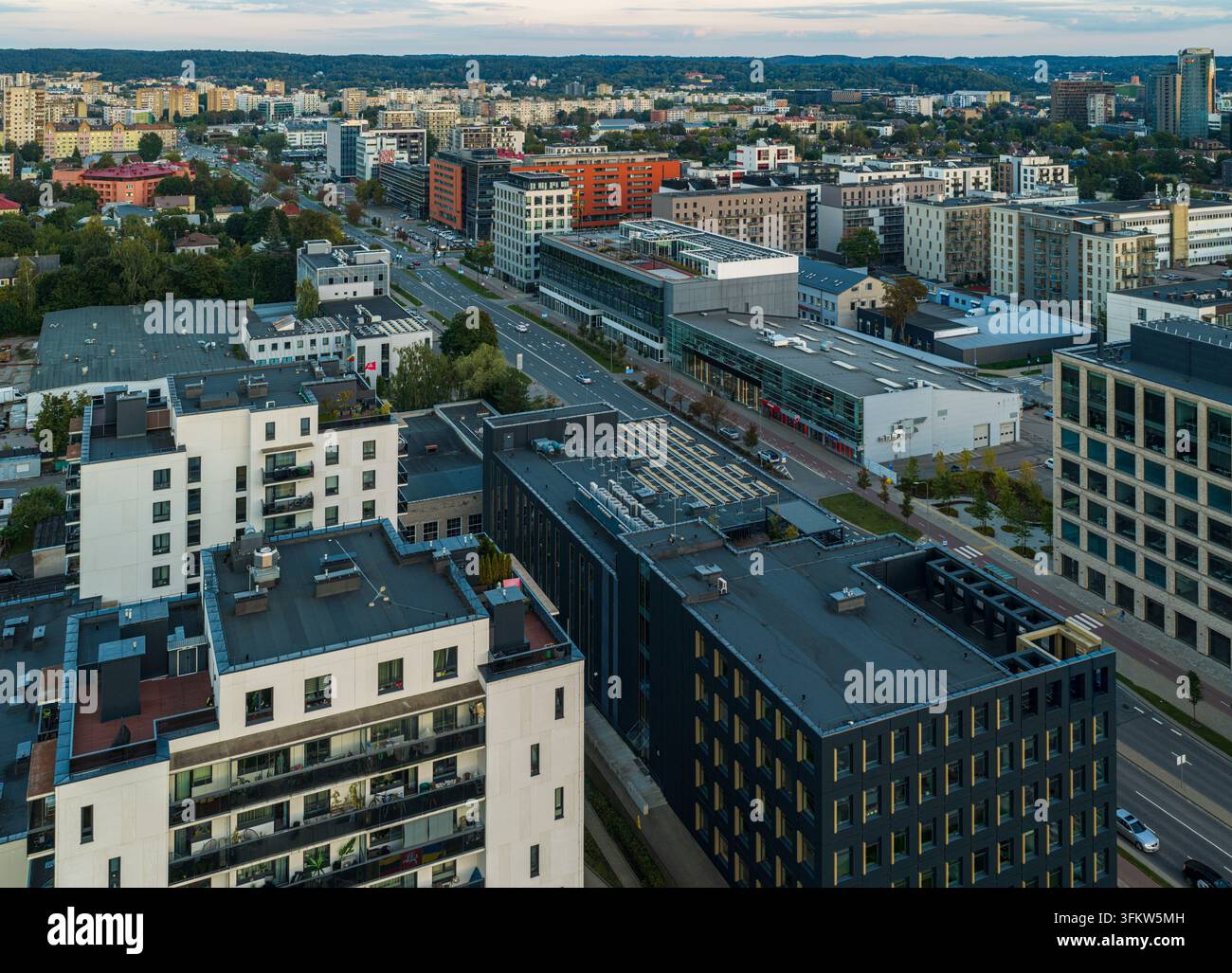 Aerial view of modern office buildings and residential apartment ...