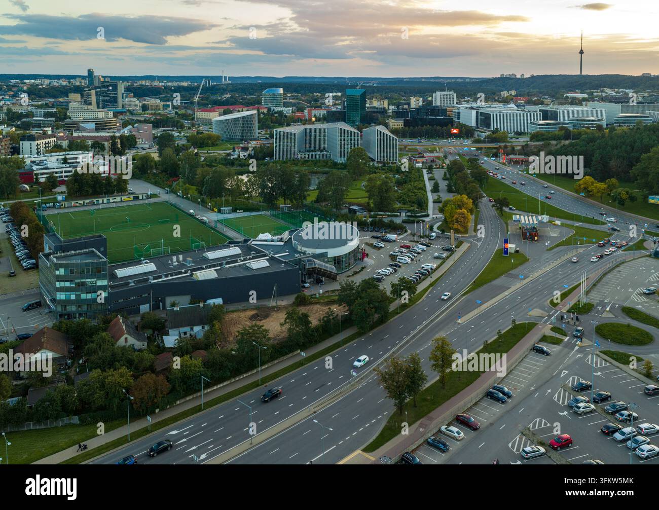 Aerial view of the city of Vilnius featuring modern office buildings, a ...