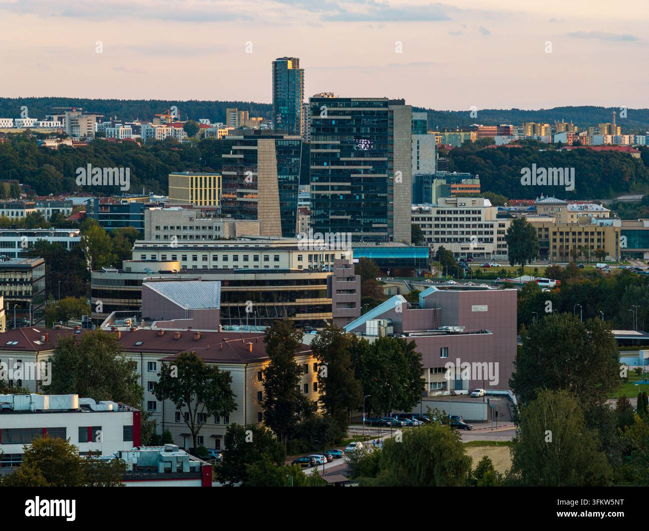 Aerial view of the modern skyline featuring glass skyscrapers and ...