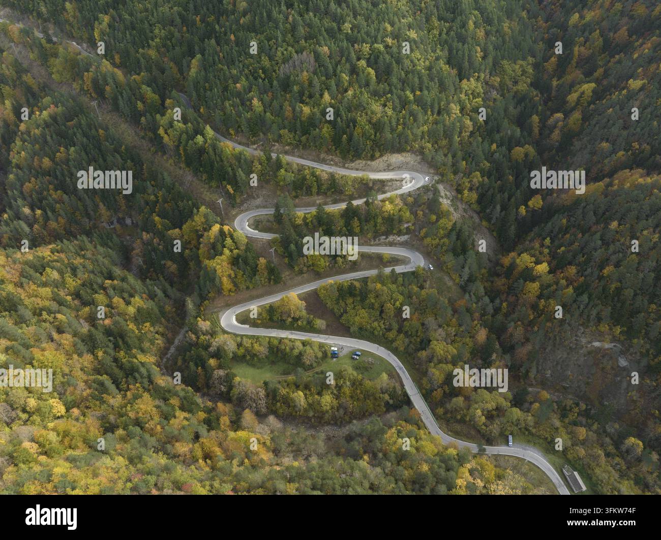 Aerial view of a winding mountain road through the dense autumn forest ...