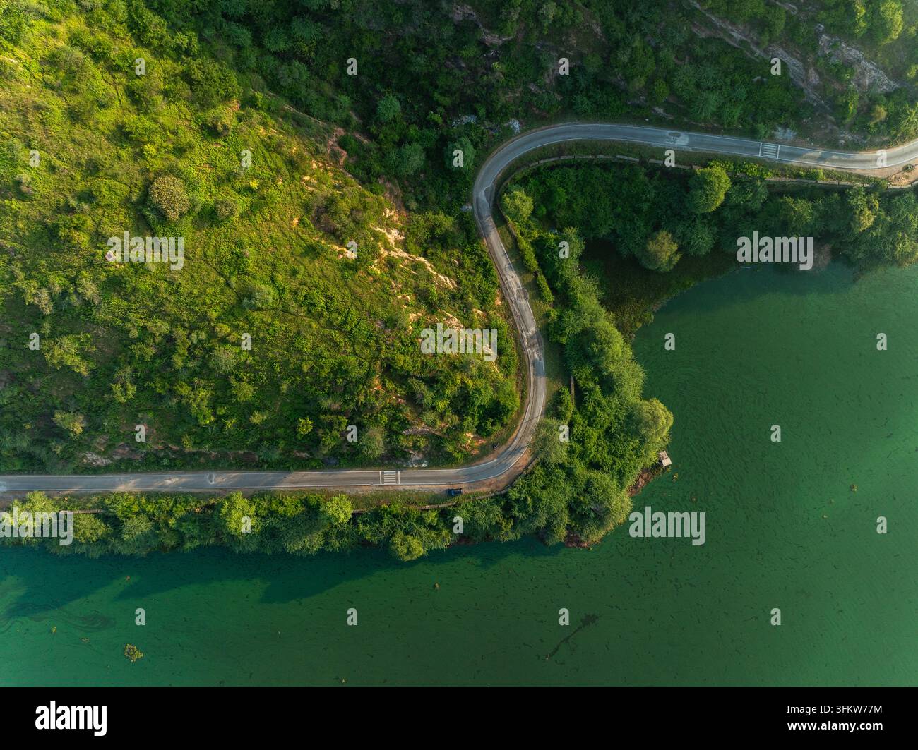 Aerial view of a winding road along the edge of a green lake surrounded ...
