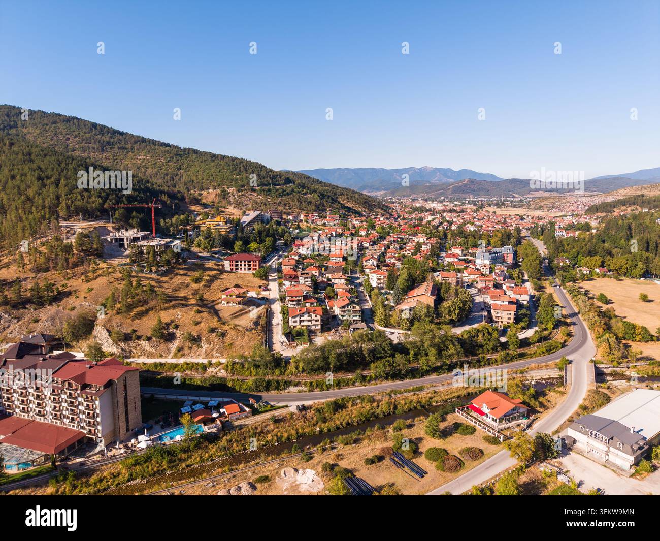 Aerial view of the town of Velingrad nestled in the Rhodope Mountains ...