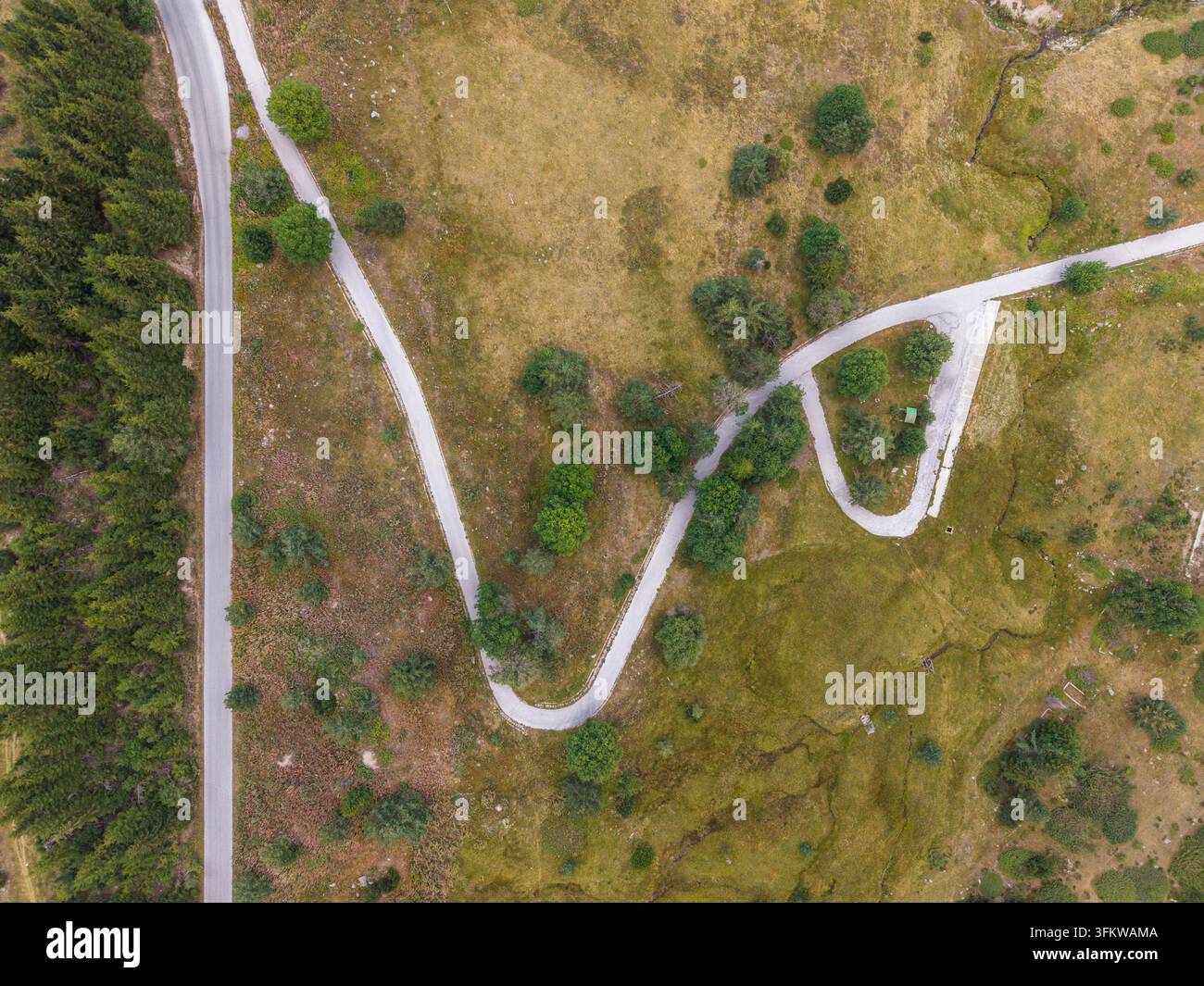 Aerial view of the winding mountain road near Belmeken, surrounded by ...