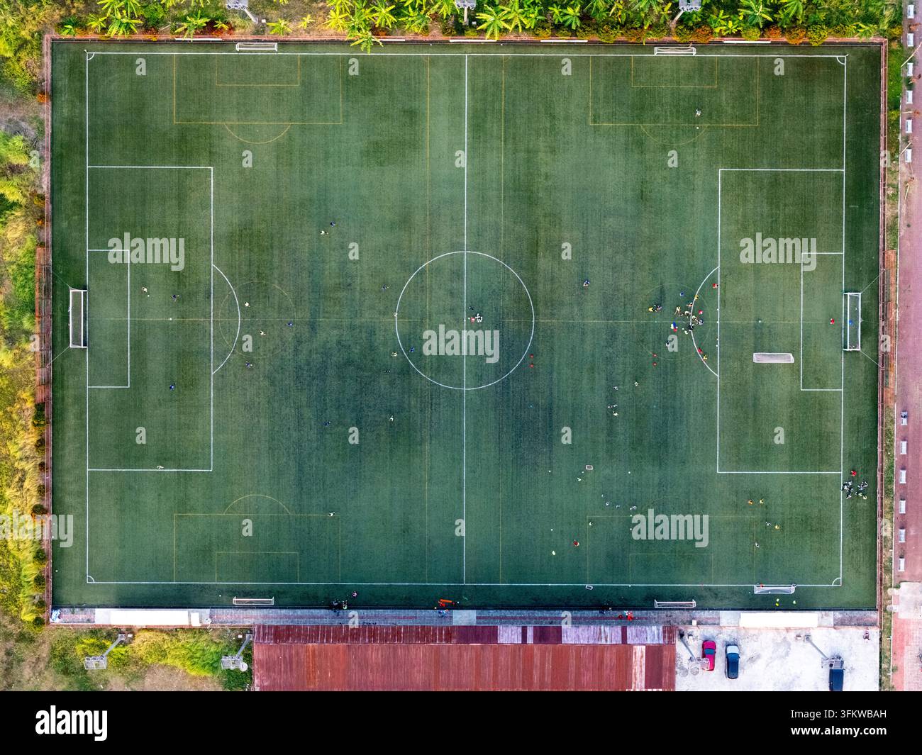 Aerial view of a soccer field with players on the green turf, white ...