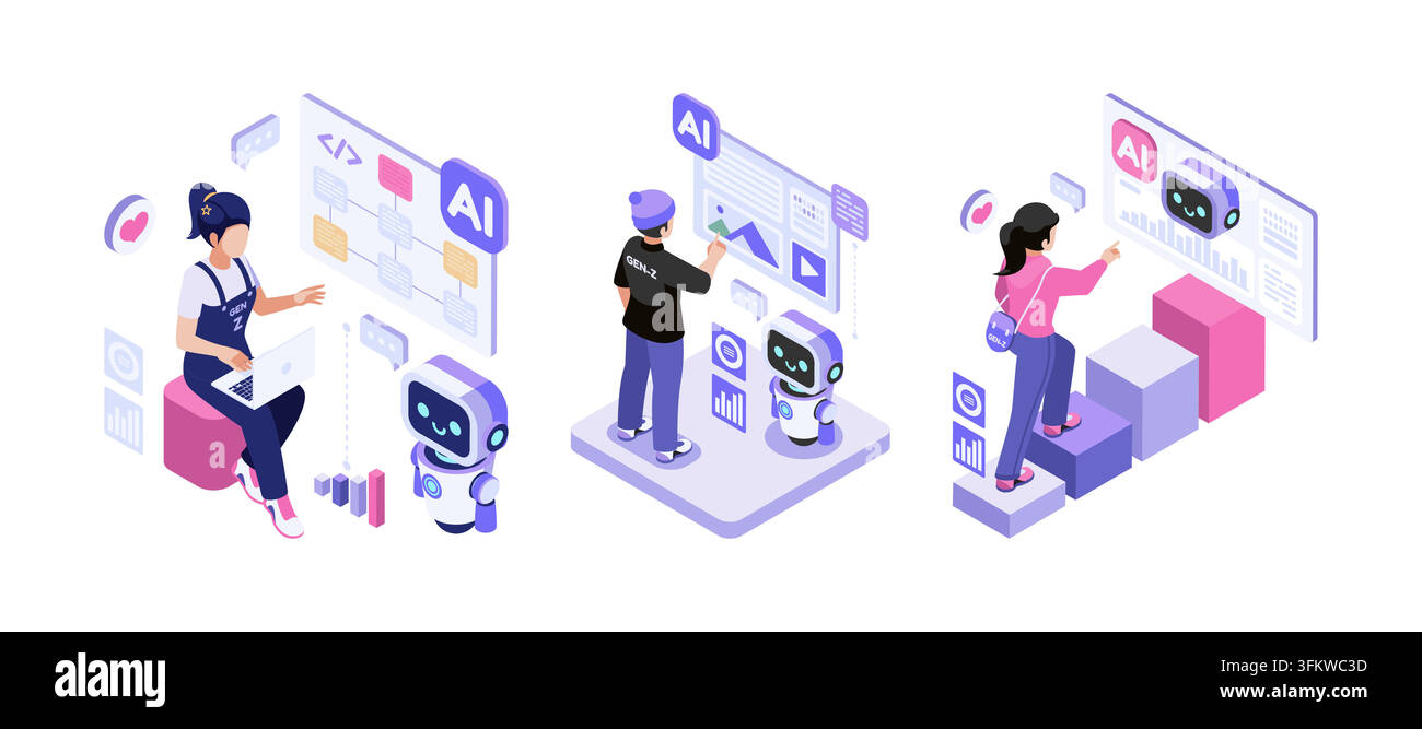 Isometric Gen Z Working with AI Technology Digital Dashboard and Robot ...
