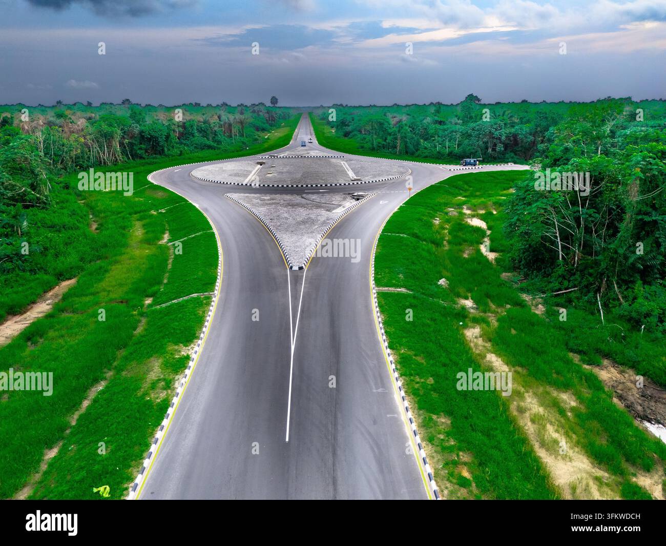 Aerial view of the roundabout on Bonny Island surrounded by lush green ...