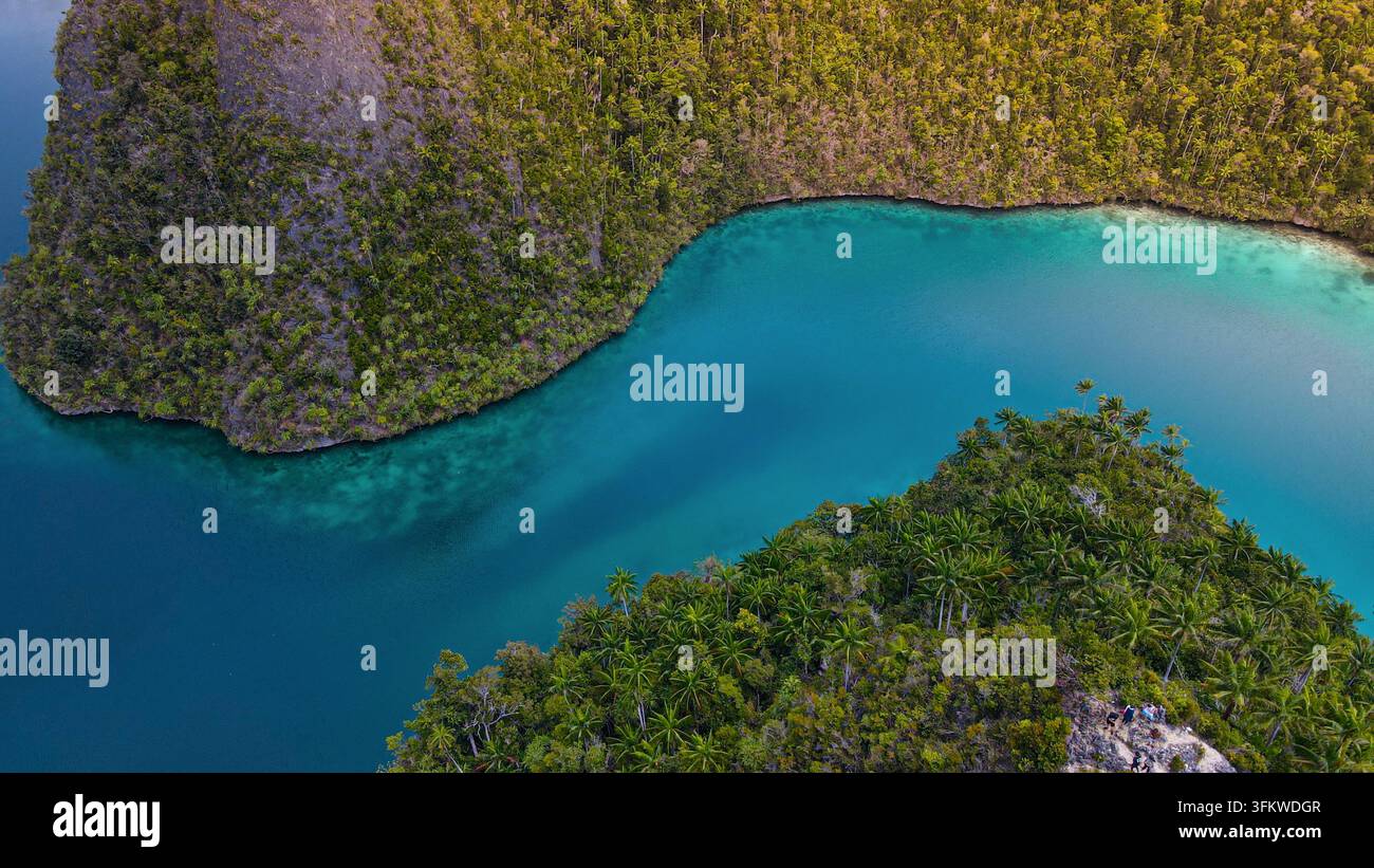Aerial view of a tropical lagoon with turquoise water surrounded by ...