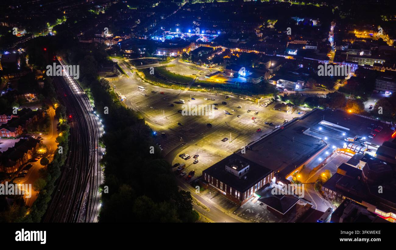 Aerial view of the city of Salisbury at night, featuring illuminated ...