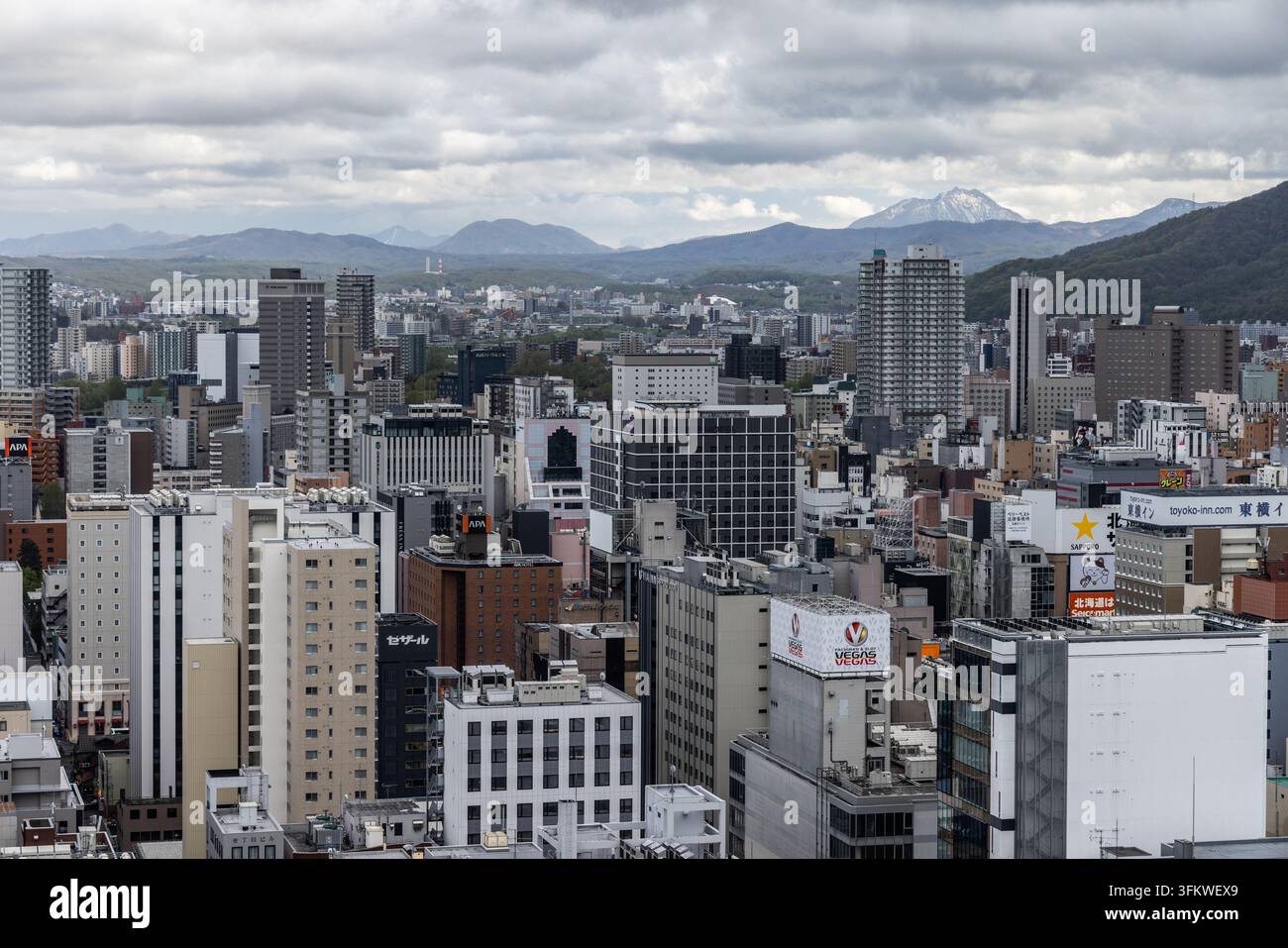 Aerial view of the dense urban skyline of Sapporo with modern high-rise ...