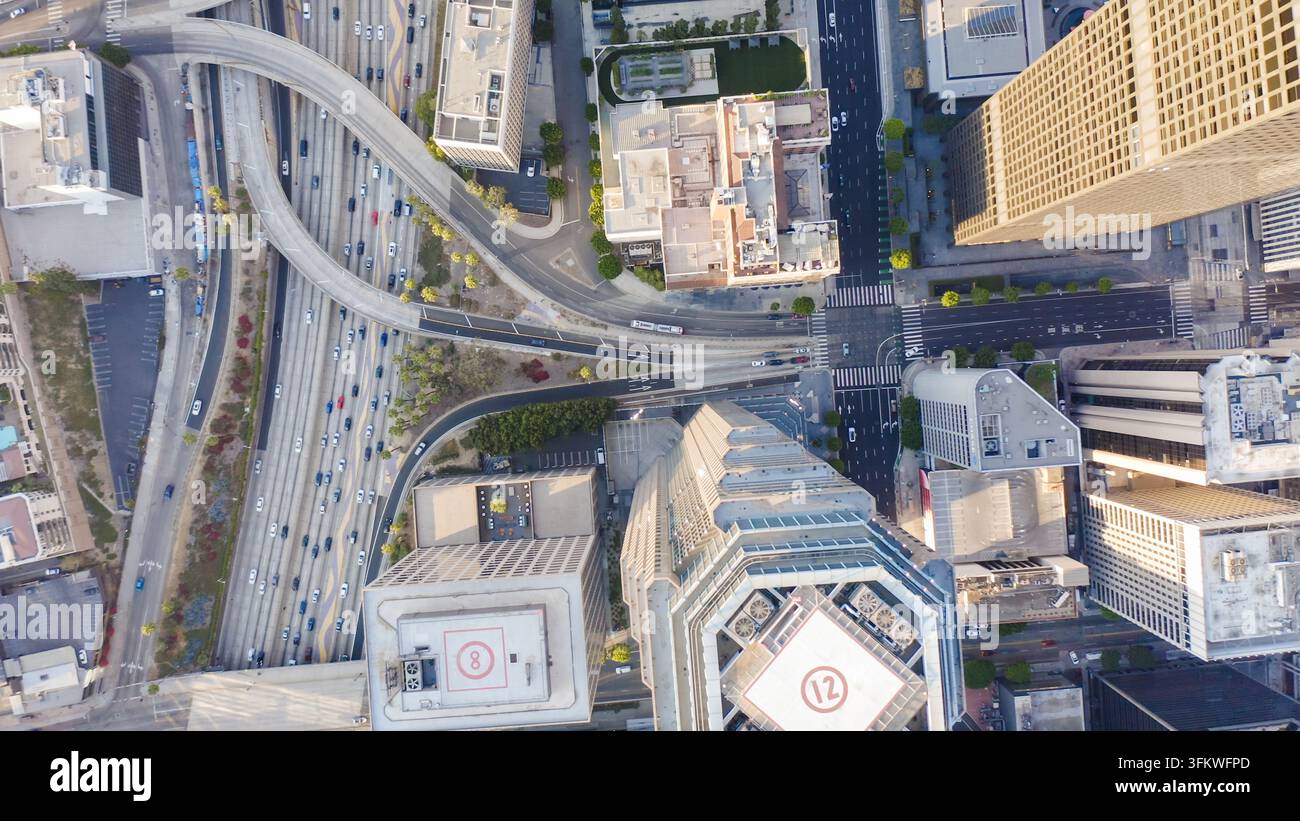 Aerial view of downtown Los Angeles skyline, featuring high-rise ...