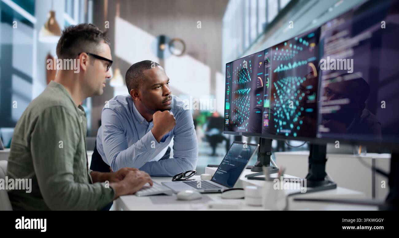 Data Scientist Carefully Analyzes AI Models Using Laptop And Software Tools. Stock Photo