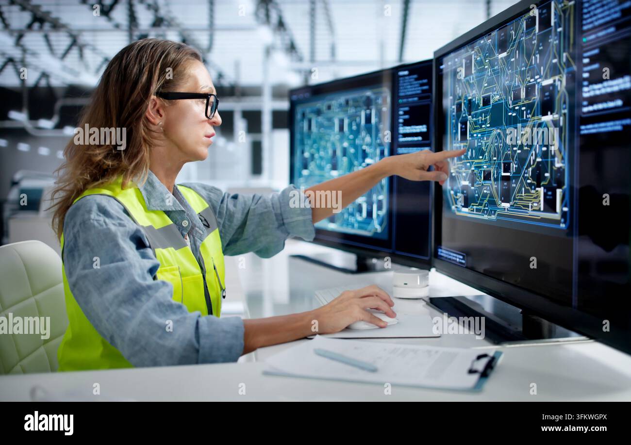 Electronics Engineer Carefully Reviews Multilayer PCB Design On Desktop Computer. Stock Photo