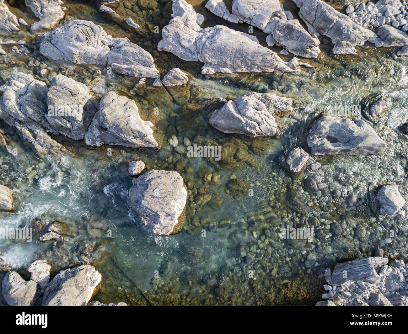 Aerial view of Lume i Kirit with clear turquoise water flowing over ...