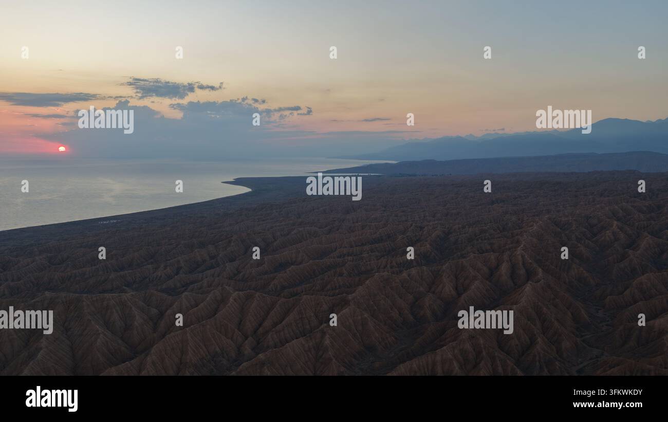 Aerial view of the rugged landscape and arid hills overlooking the calm ...