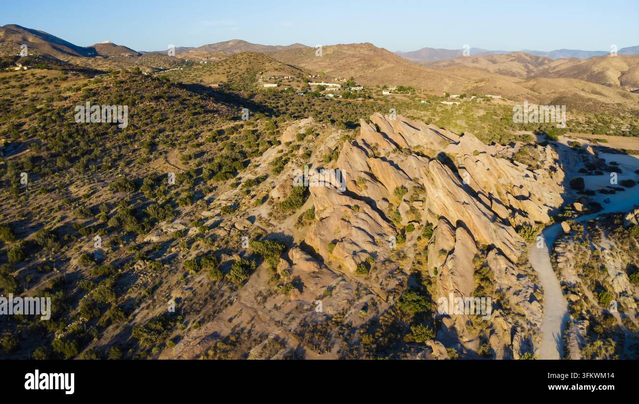 Aerial view of the iconic jagged rock formations of Vasquez Rocks ...