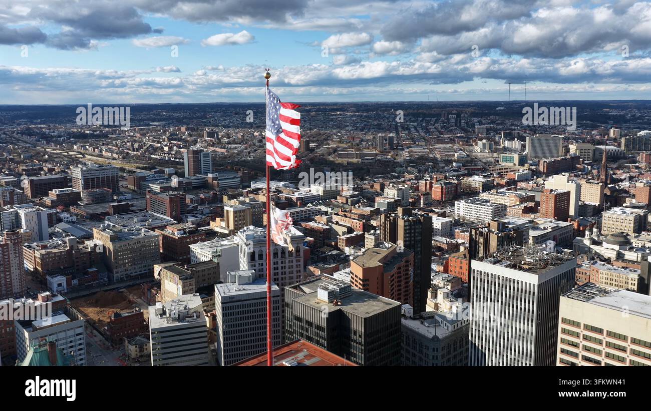Aerial view of the Baltimore city skyline featuring a prominent ...