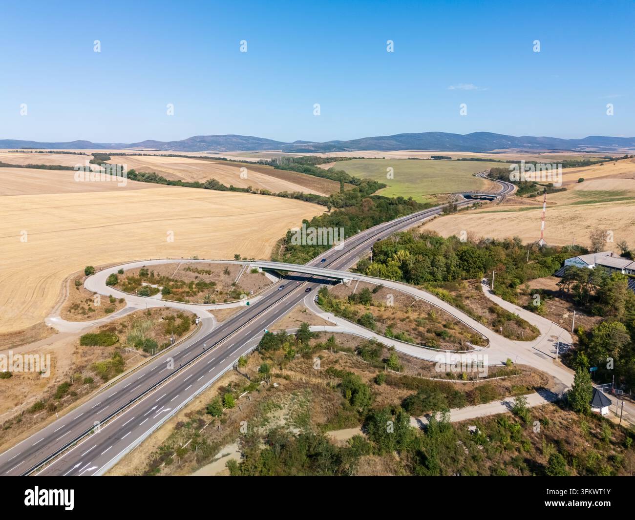Driving Ramp Vector Aerial view of Road 21 motorway interchange near Paszto in Nograd ...