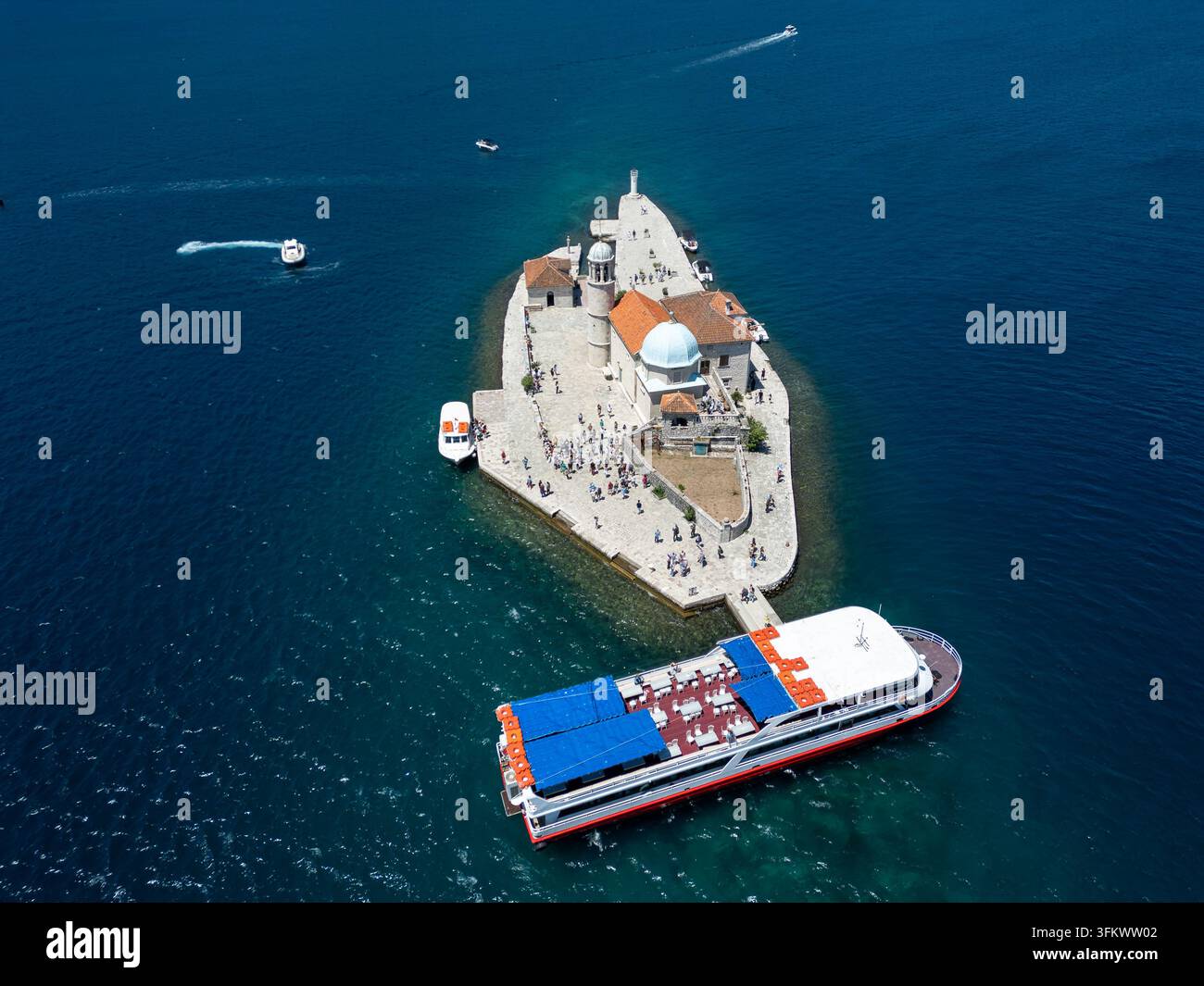 Aerial View Rocks Aerial view of Our Lady of the Rocks island with its church and dome ...