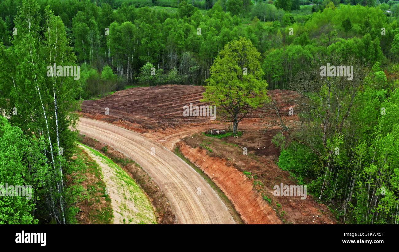 Aerial view of a winding dirt road cutting through a lush green forest ...