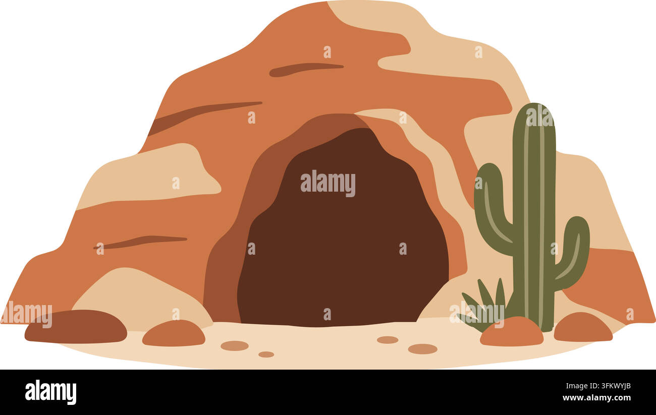 Flat illustration of a warm brown desert cave entrance surrounded by layered rocks sand and a tall green cactus Stock Vector