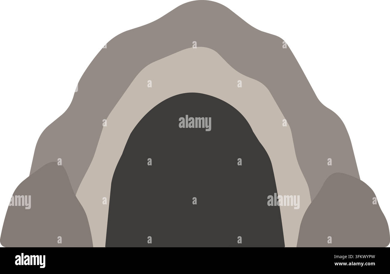 Flat illustration of a minimal dark cave opening surrounded by smooth ...