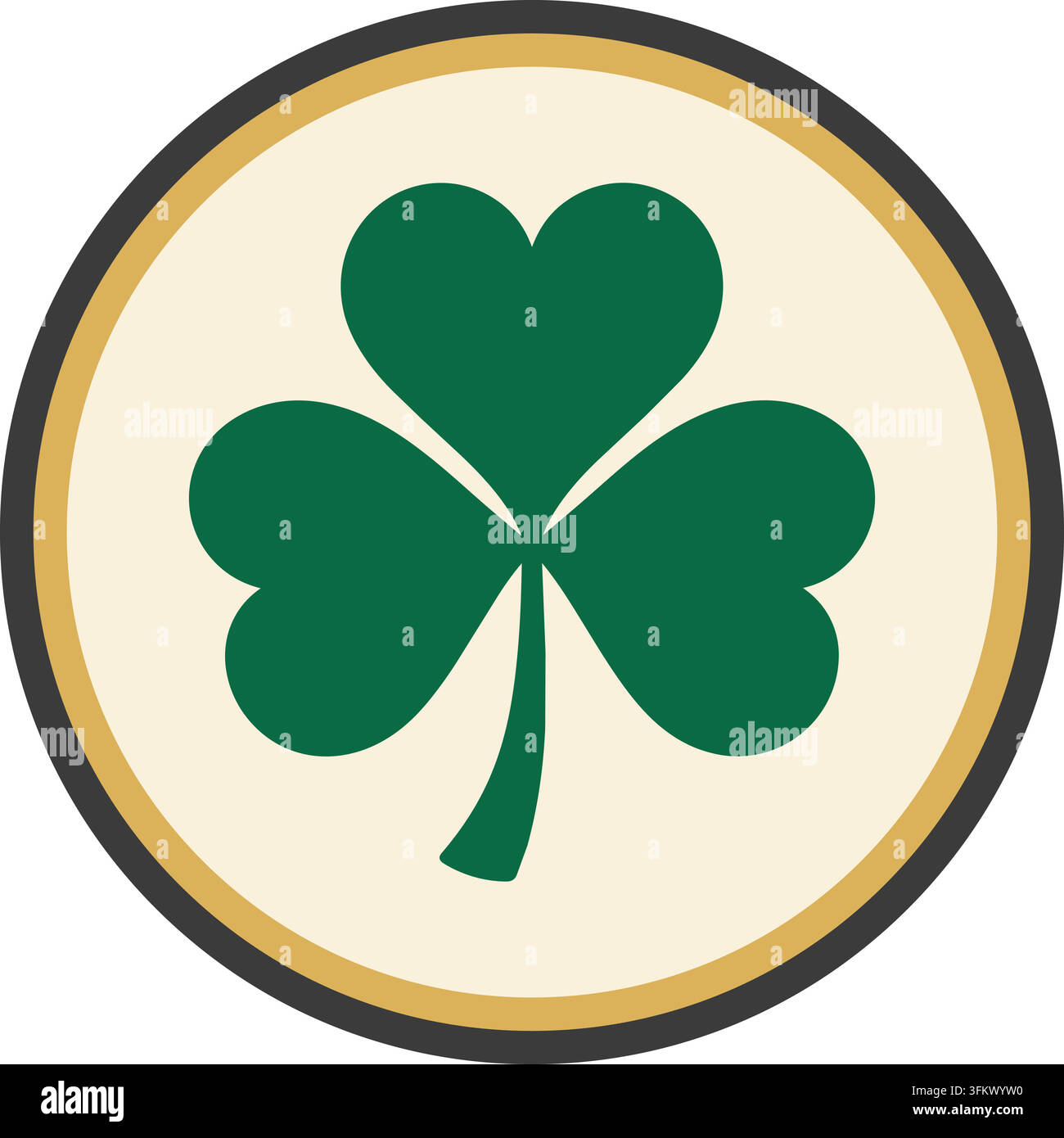 A classic green three leaf clover enclosed inside a circular badge emblem with a warm border Stock Vector