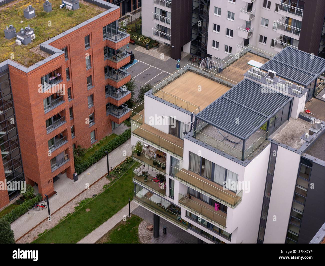Aerial view of modern residential apartment buildings with brick and ...