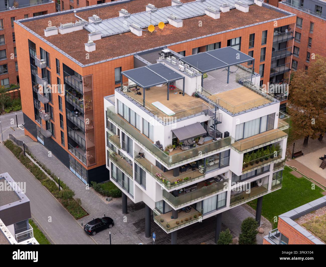 Aerial view of modern residential apartment buildings with brick and ...