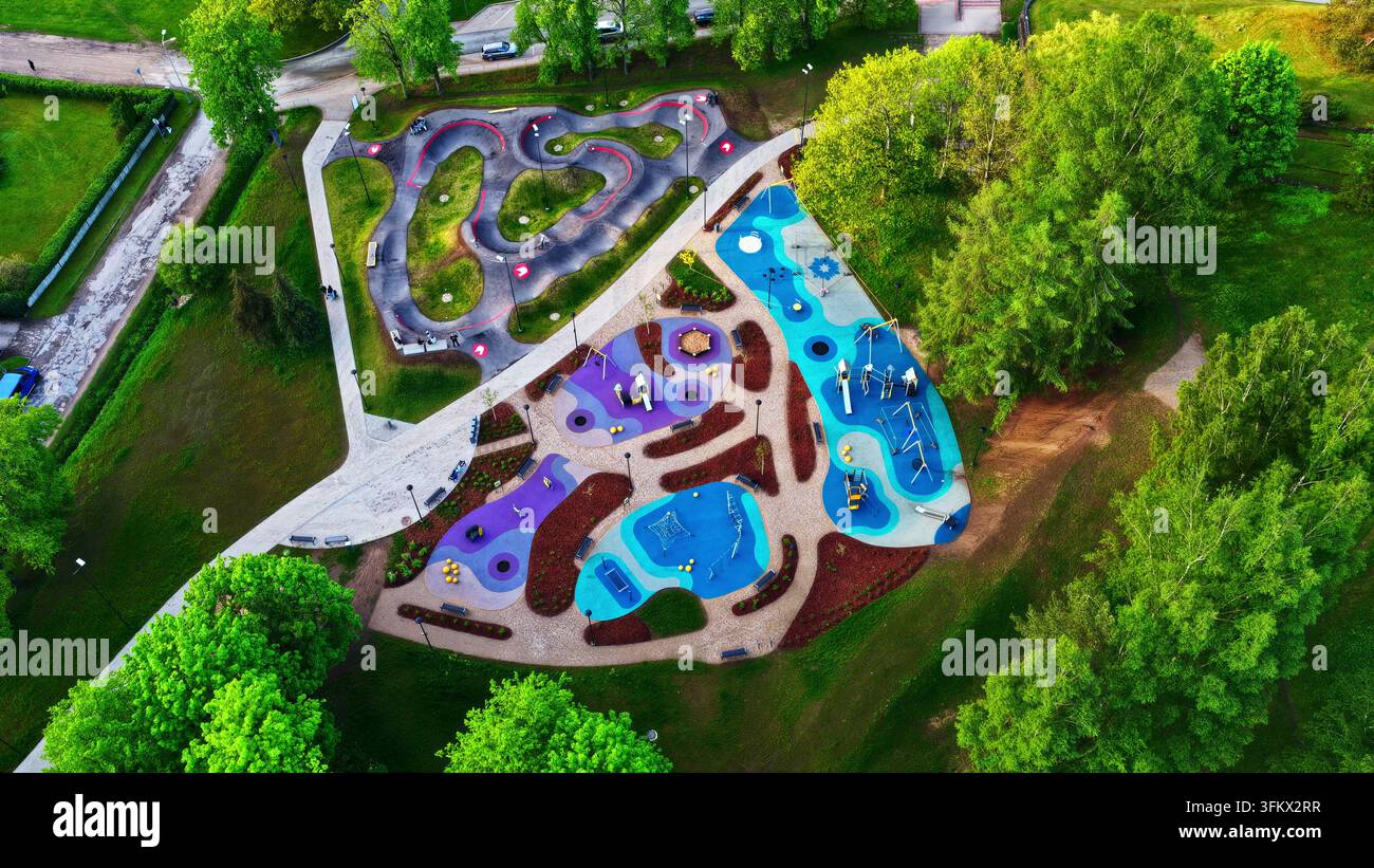 Modern Riga Aerial view of a modern playground with colorful rubber flooring and a ...
