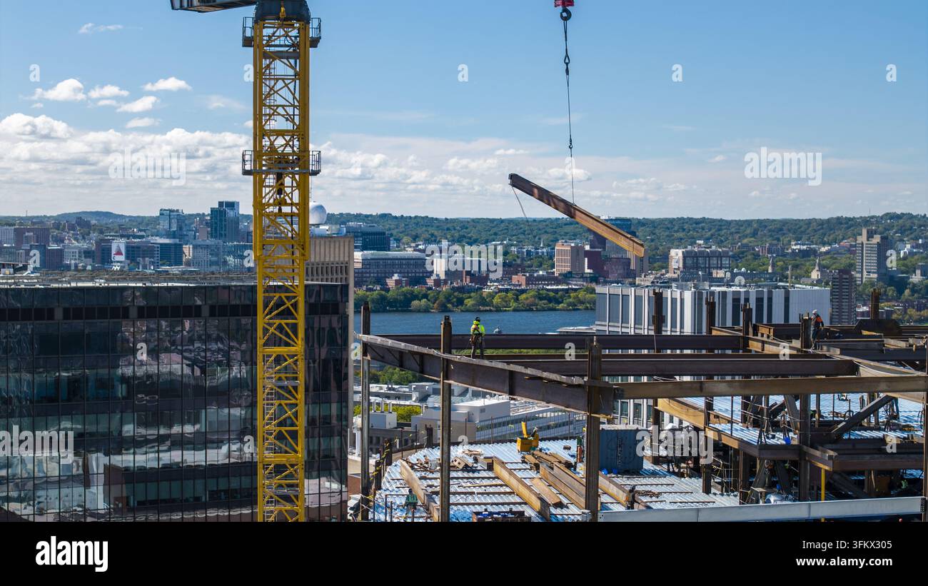 Aerial view of Kendall Square construction site with a yellow tower ...